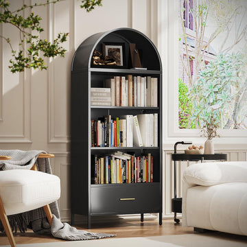 73" Tall Arched Bookcase with Drawer, Metal Arched Cabinet with 2 Adjustable Shelves, Open Display Shelf