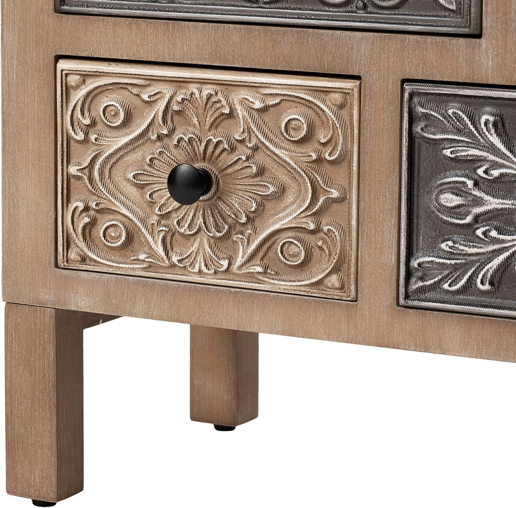 Vintage Accent Cabinet with 8 Hand-Carved Drawers, Boho Rustic Wood Storage Chest, Fully Assembled Distressed