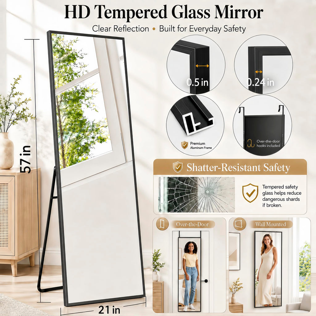 57x21 inch Full Length Mirror Over the Door Hang or Floor Stand Black