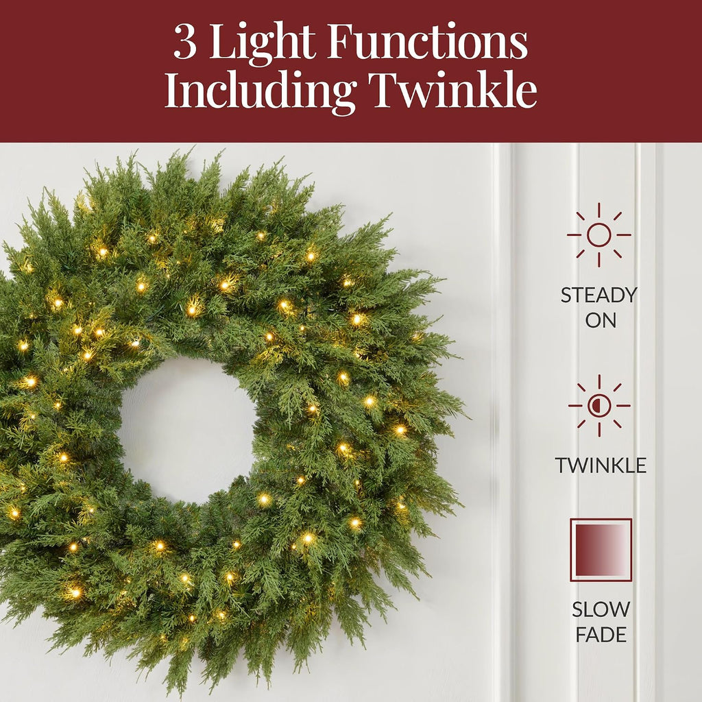 Pre-Lit Cedar Cypress Christmas Wreath w/Twinkling LEDs, 48in Realistic Large Indoor/Outdoor Holiday Decor for Door