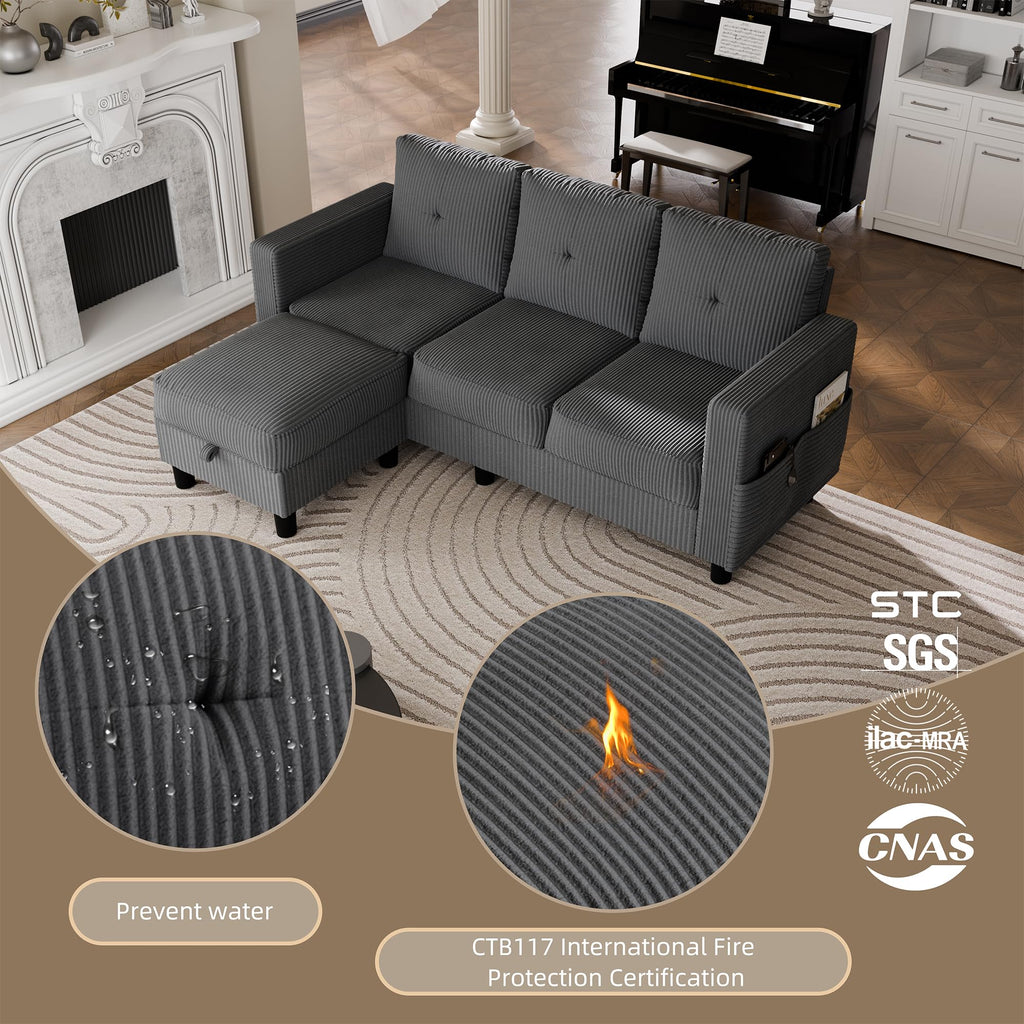 77" L-Shaped Corduroy Sectional Sofa with Storage Ottoman, Grey