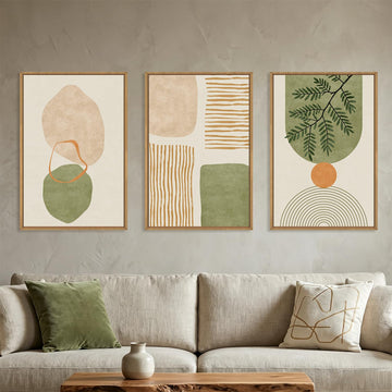 Boho Sage Green Geometric Framed Canvas Wall Art Set-16"x24"x3