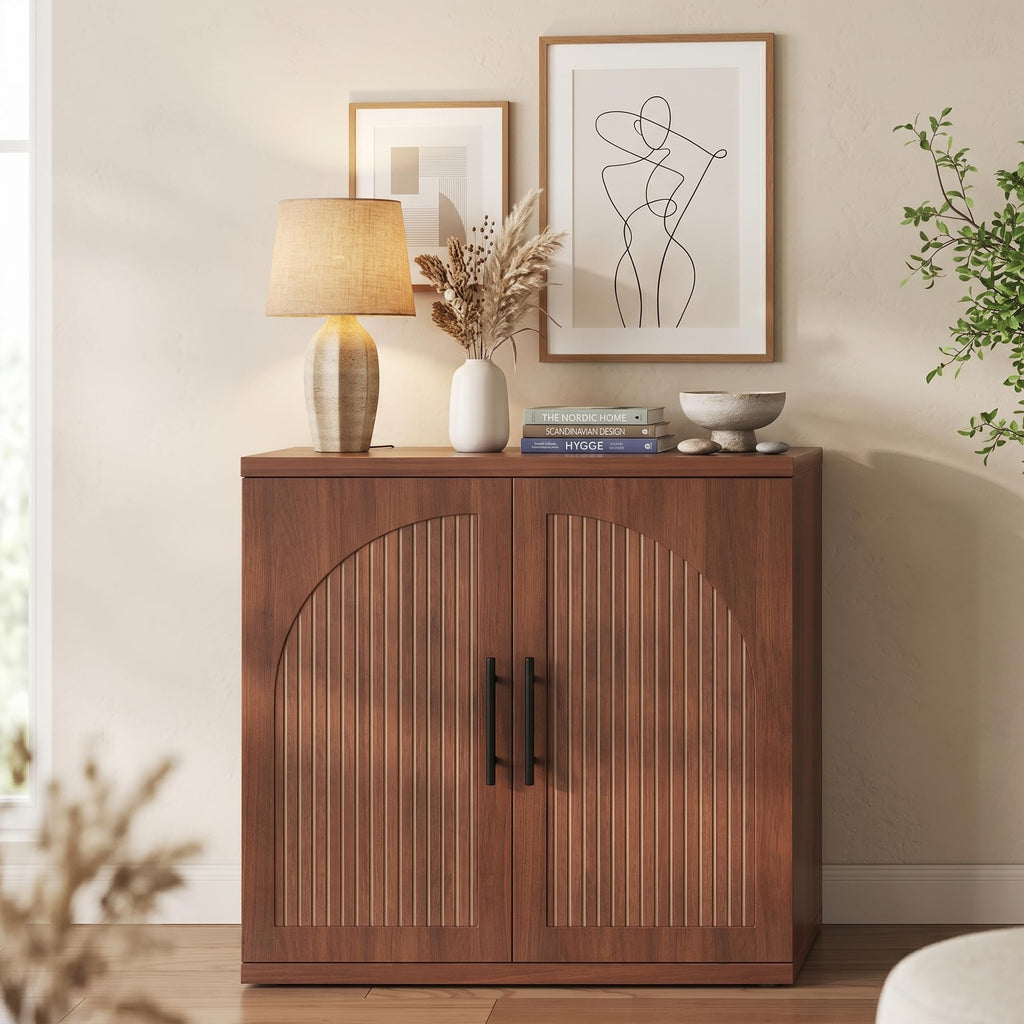 31.5" Fluted Walnut Buffet Cabinet Sideboard with Storage, Small Sideboard Cabinet with 2 Doors, Wood Mid Century