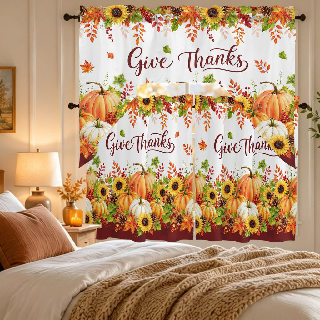 Thanksgiving Fall Kitchen Curtain and Valance Set 3 Pieces, Boho Farmhouse Orange Pumpkin Rod Pocket Short Tier