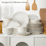 24 Piece Dinnerware Set, Embossed Ceramic Dish Sets Service for 8, Plates and Bowls Set