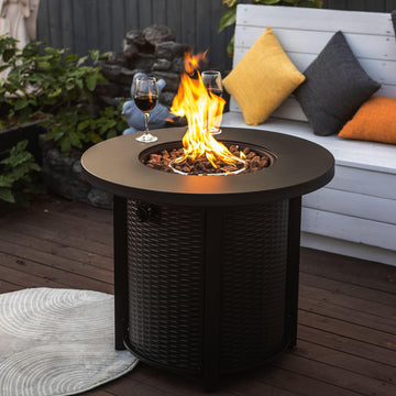 30" Round Propane Fire Pit Table, 50000 BTU Outdoor Gas Heater with Steel Top & Wicker Base, Deck, Garden, Black
