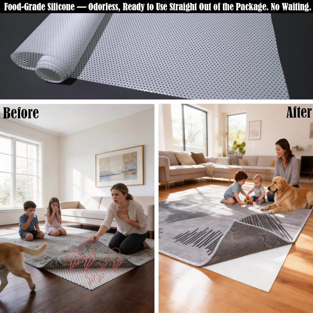 Non-Slip Rug Gripper Pad: Adhesive & Residue-Free Silicone 5X Stronger Grip for Hardwood Tile & LVP - BPA-Free - Set of 10