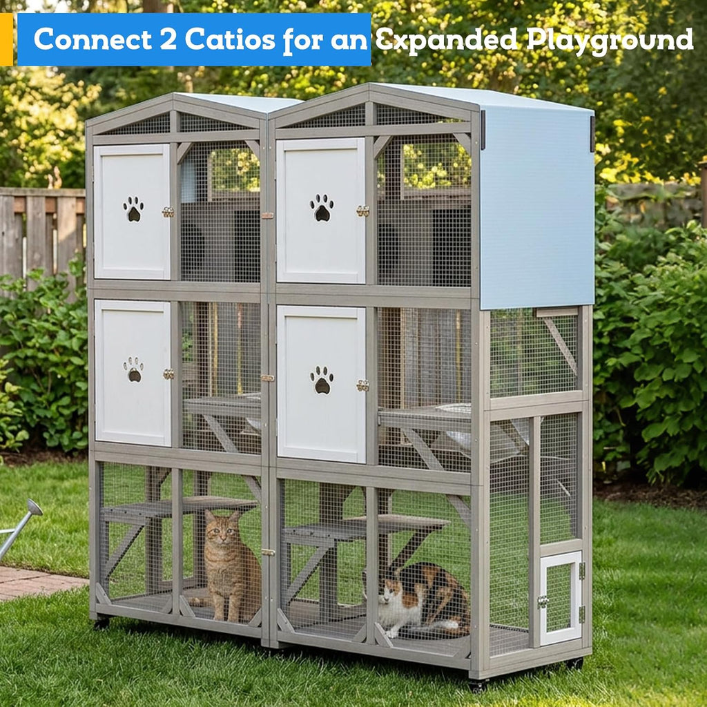66.2" Catio Outdoor Cat Enclosure with Wheels & Window Access, Portable Large Wooden Cat Catio Cage for Balcony