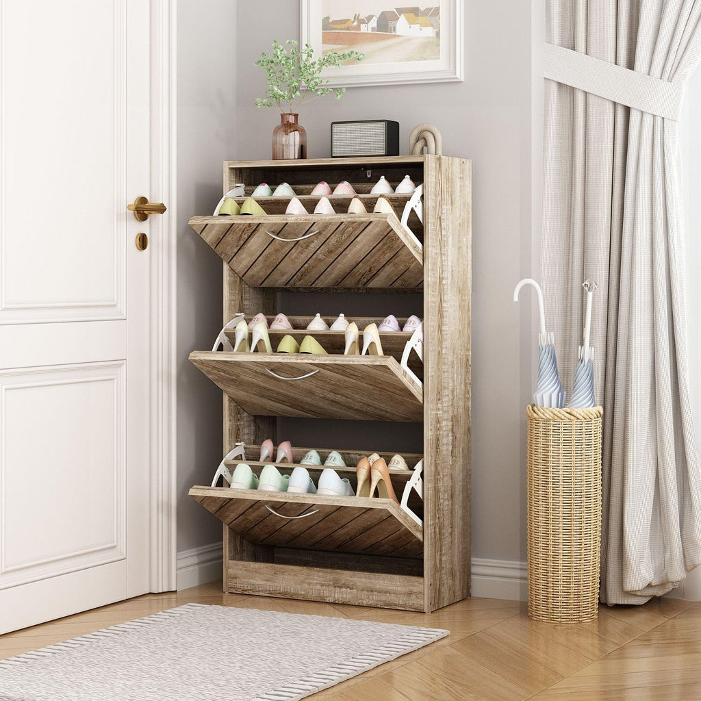 Small Shoe Cabinet with 3 Flip Drawers, Slanted Surface, Light Brown