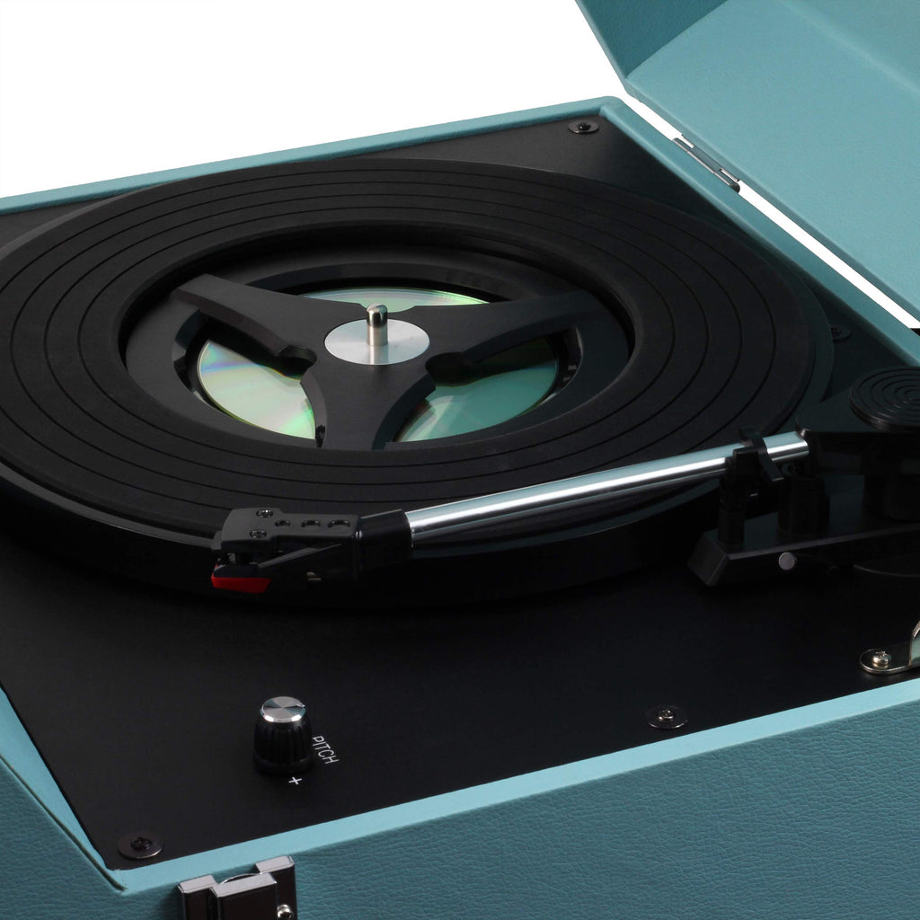 Floor Stand Turntable, Bluetooth Receiver, CD Player, FM Radio, Wood Cabinet, 3W RMS Speakers x 2, (Teal)
