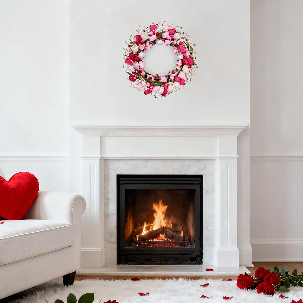 Valentines Day Decorations 20 Inch Valentine's Day Wreath Pink Valentine Wreaths for Front Door with Red Love Heart
