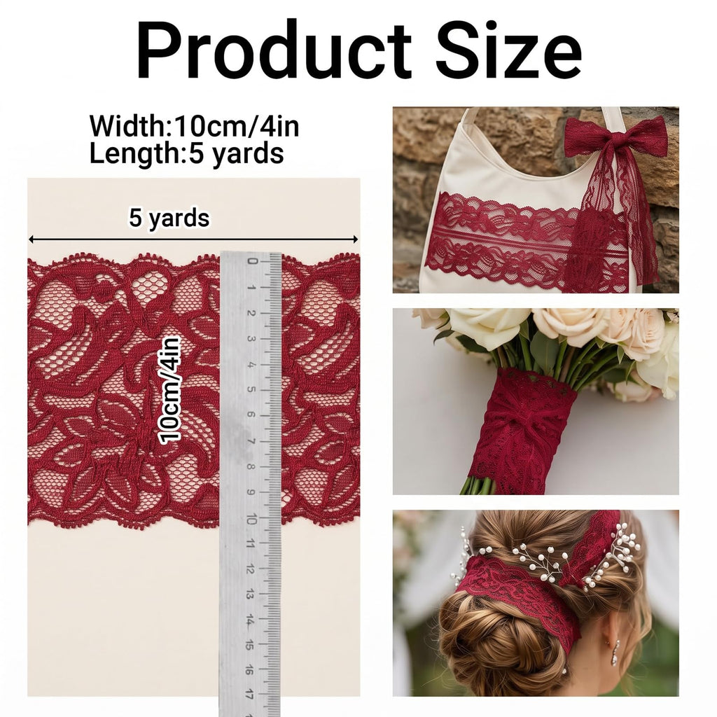 10 Yards Burgundy Floral Stretch Lace Trim, 3 Inch Elastic Spandex Ribbon