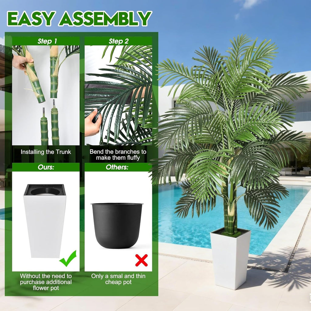 Fake Palm Tree Decor 6 FT Artificial Plants Indoor with White Tall Planter, UV Resistant Areca Palm Fake Tree with 3