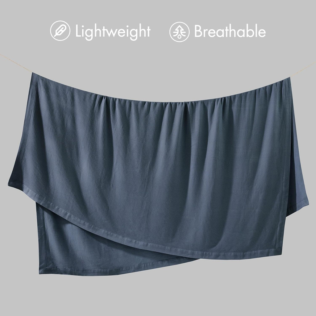 100% Egyptian Cotton Lightweight Summer Blanket, Breathable Waffle Knit Design, Soft Cozy All-Season Throw, Navy Blue