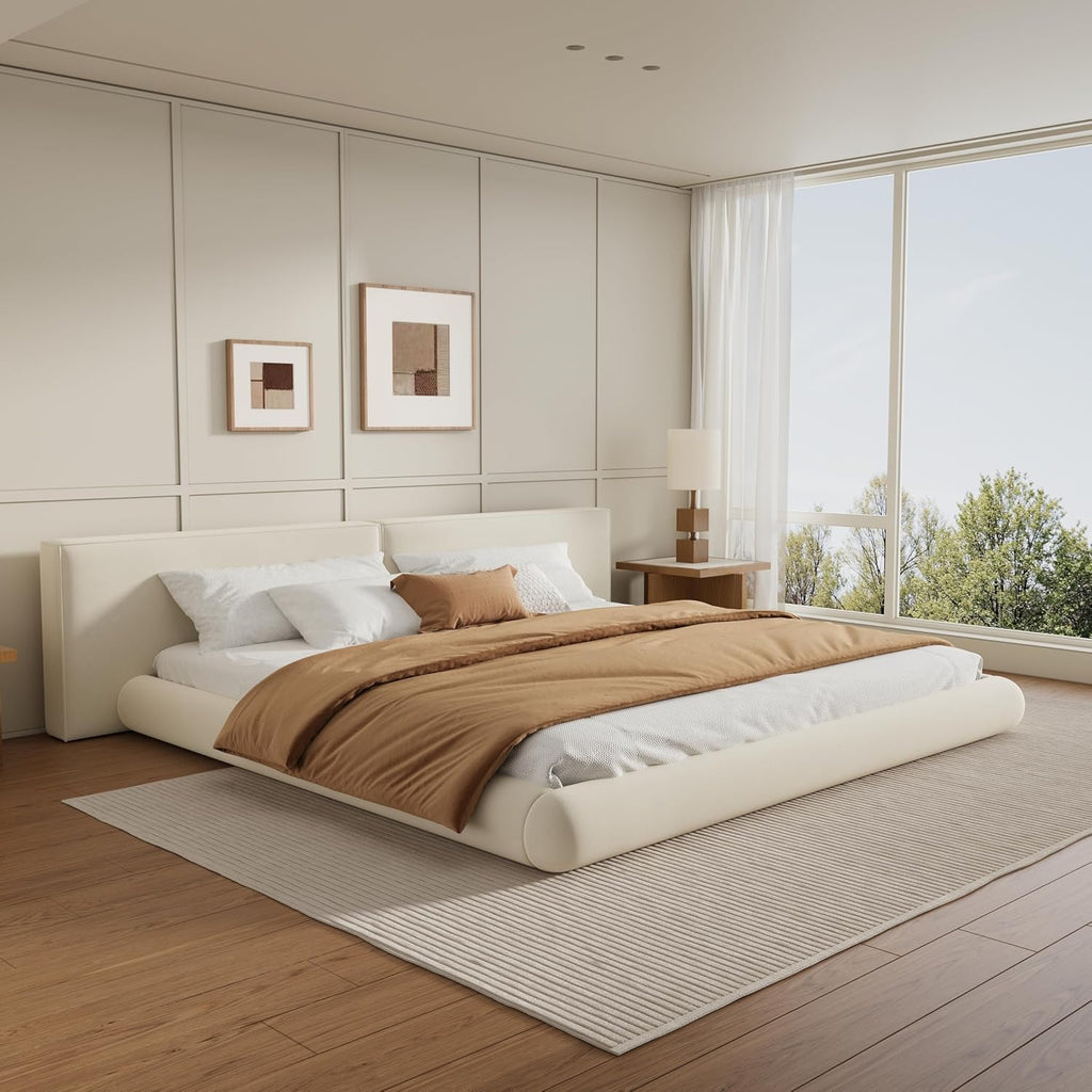 Low Profile Floor-Hugging Platform Bed, Cream