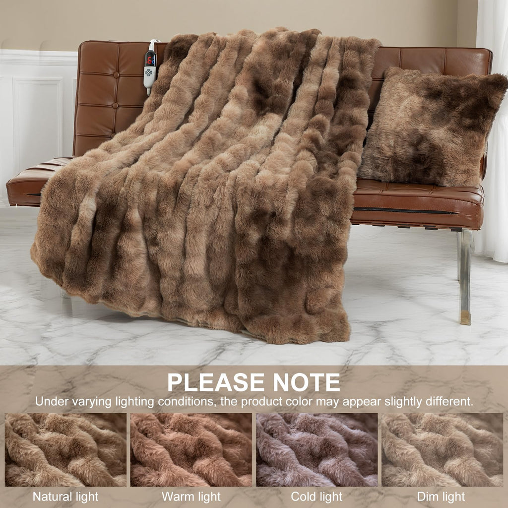 Faux Fur Electric Blanket for Women Gift, Tie-Dye Brown