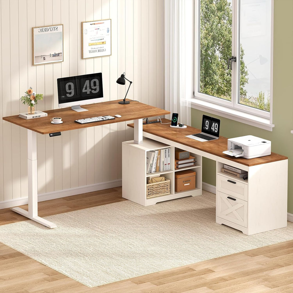66 inch Farmhouse L Shaped Standing Desk with Storage | Corner Electric Standing Desk with Drawers & Storage Shelves