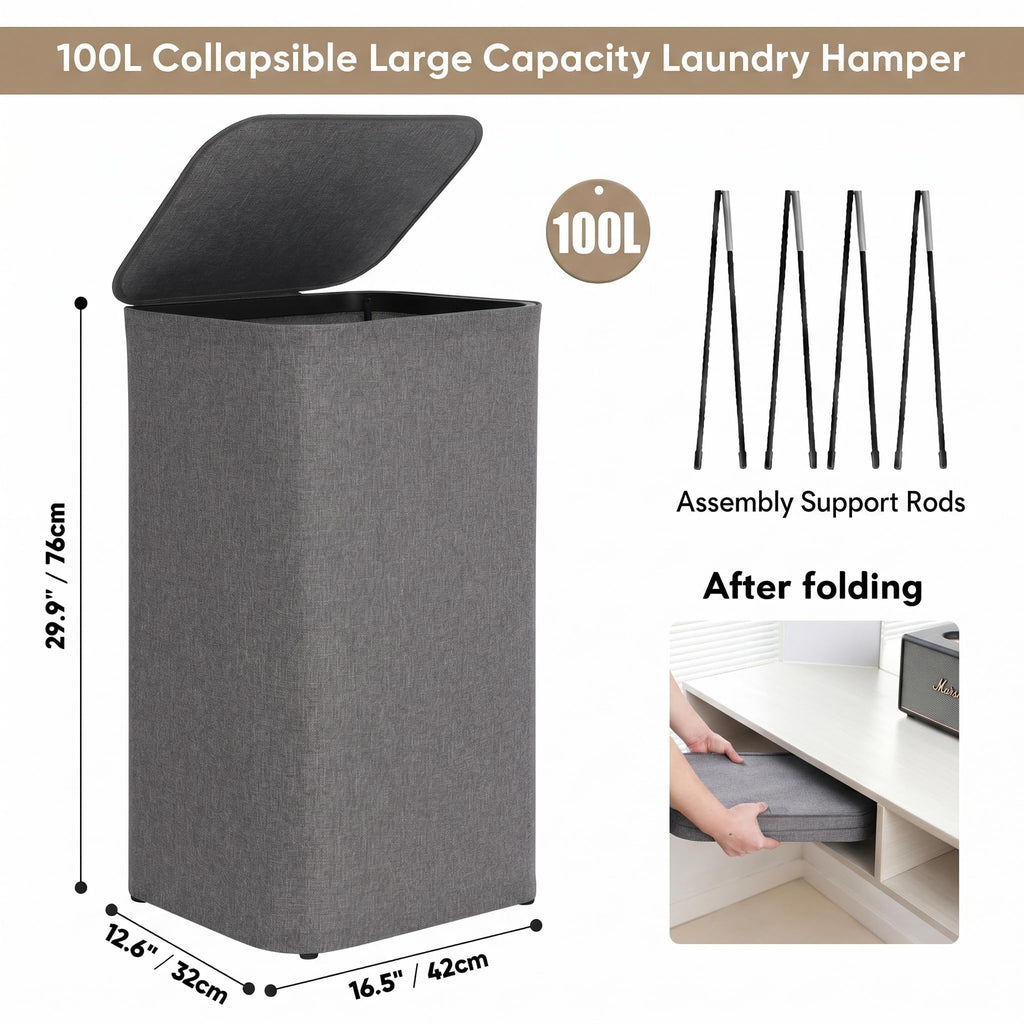 100L Laundry basket Hamper with Lid & Removable Mesh Bag, Grey