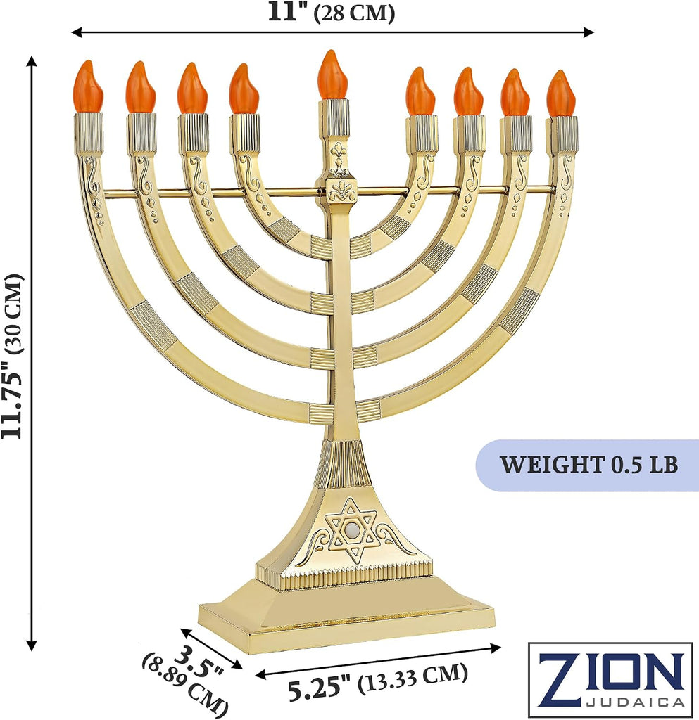 Zion Judaica LED Gold Menorahs Battery or USB Powered Menoras Electronic Hanukkiah Battery Minorah Flamless - Set of 2