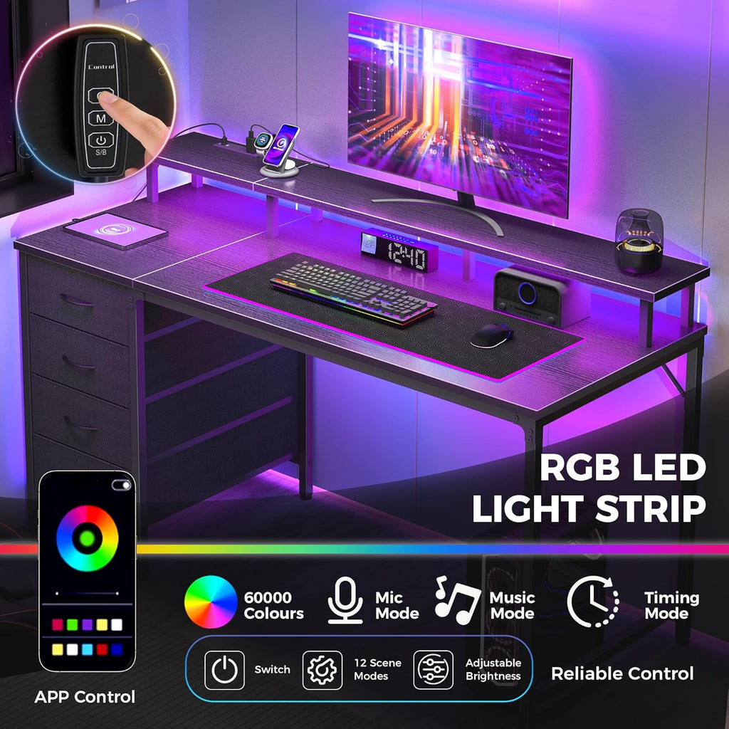 Computer Desk with 4 Drawers, 4 Drawer Gaming Desk with with Power Outlets and LED Lights, Office Desk for Small Spaces