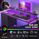Computer Desk with 4 Drawers,4 Drawer Gaming Desk with with Power Outlets and LED Lights,Office Desk for Small Spaces