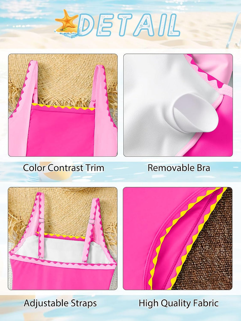 Girls Summer Swimsuit Color Block Padded Adjustable Strap Tankini Ruched Swimwear Set Two Piece Beach Bathing Suit