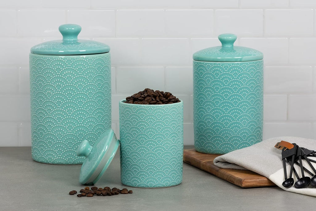 Embossed Ceramic Kitchen Canister Set, Tide Blue - Set of 3