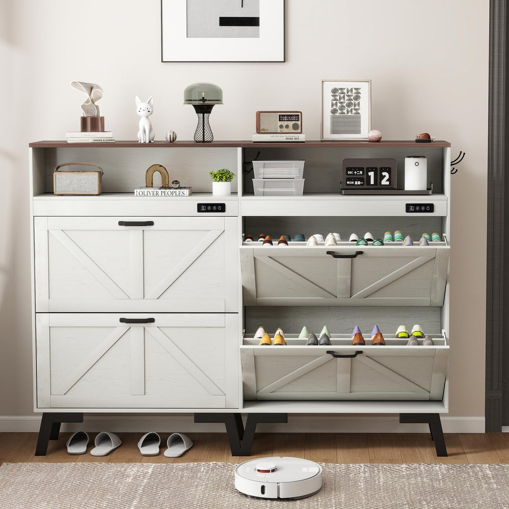 Shoe Cabinet with Deodorizer, Narrow White Entryway Storage, Anti-Tip