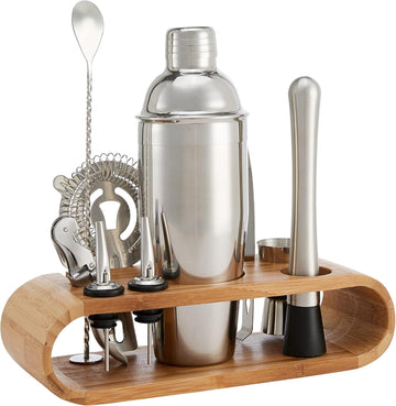10-Piece Stainless Steel Cocktail Shaker Bar Tool Set with Bamboo Stand Holder, Home Bar Drink Mixing Accessories