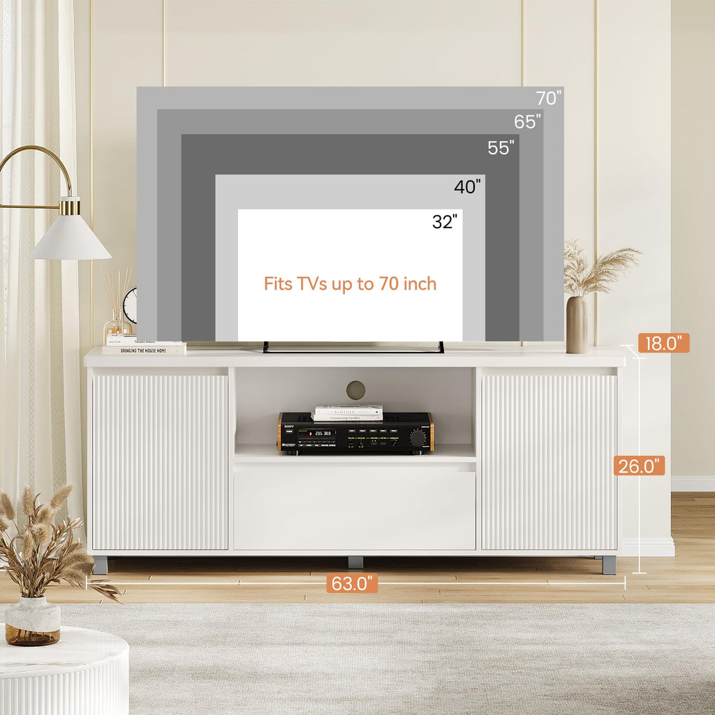 63in TV Stand for TVs Up to 70", Fluted Entertainment Center with Storage Drawer and Open Shelves, Modern TV Console