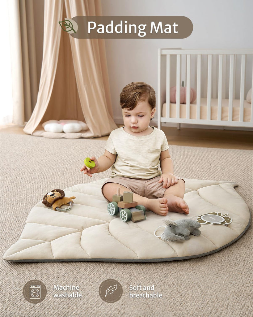 Play Gym & Activity Mat, Leaf Shaped Baby Tummy Time Play Mat with 6 Detachable Toys, Promotes Motor Skills & Sensory