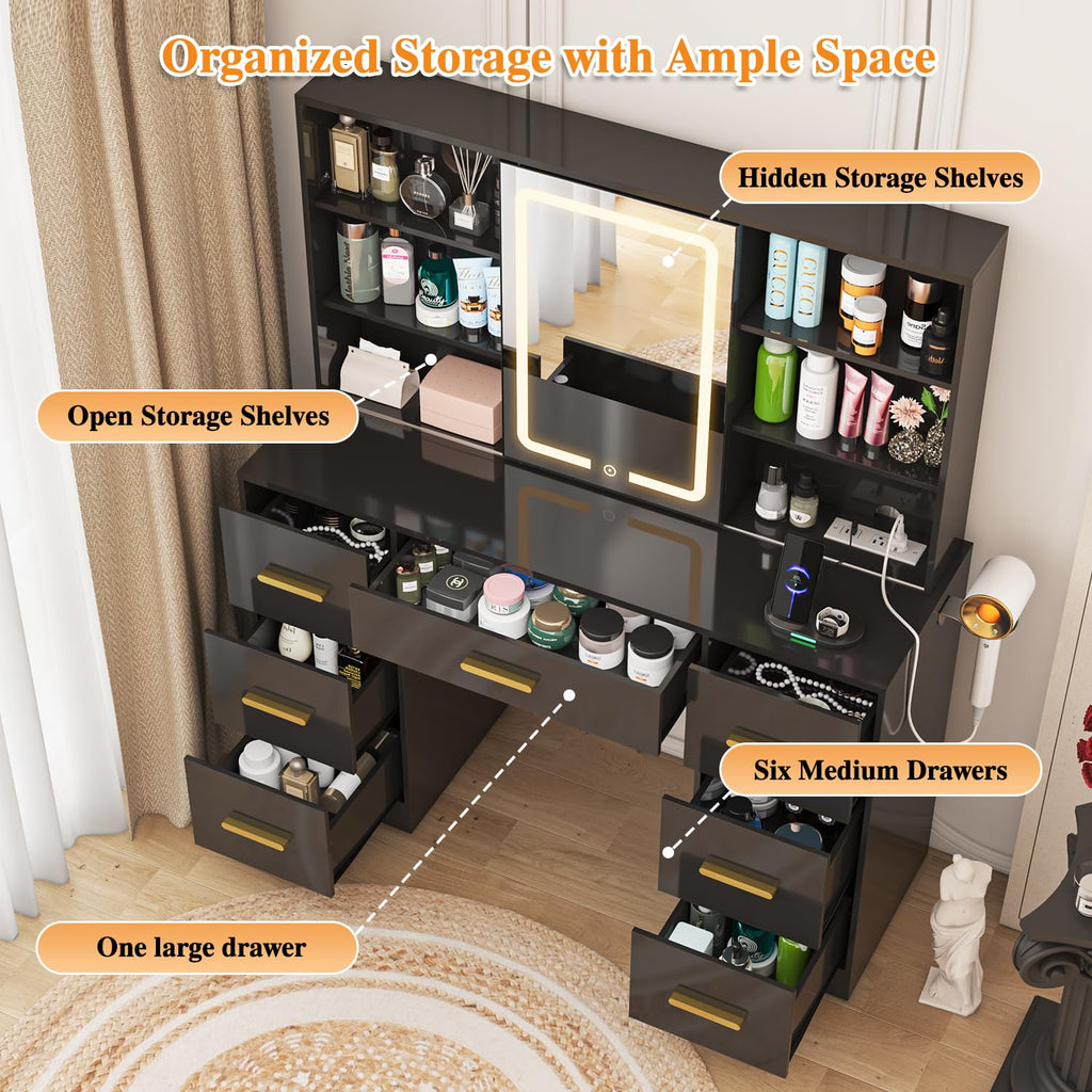 47'' W Large Vanity Desk with Mirror and Lights, 8 Storage Shelves 7 Drawers Vanity Table, Big Makeup Vanity Desk