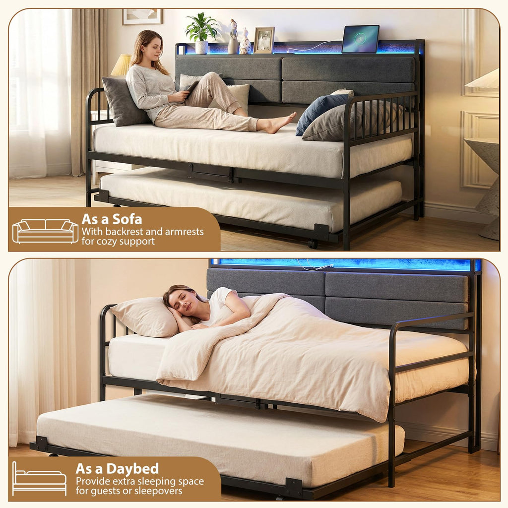 Twin Size Daybed with Trundle & LED Light, Metal Bed Frame with Upholstered Storage Headboard & Charging Station