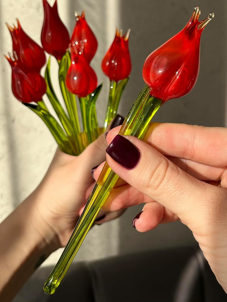 7" Red Glass Tulip Figurine - Hand-Blown Murano-Style Flower - Art Glass Tulip Ornament for Vase or Planter - Gift