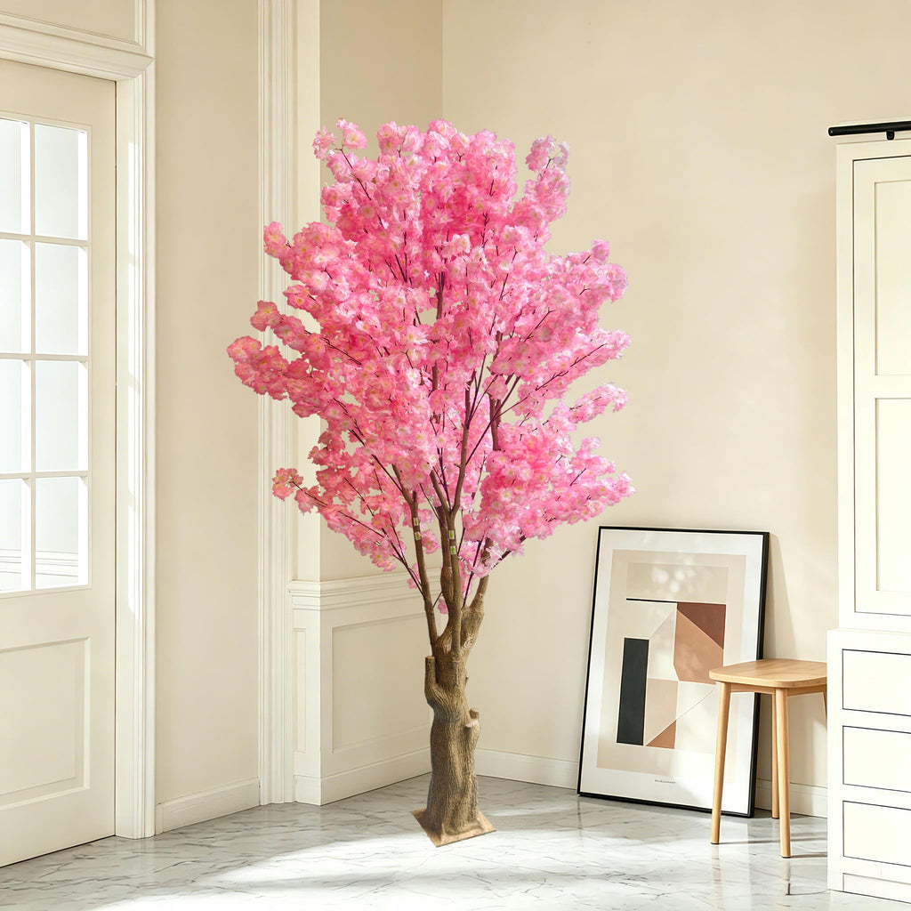 7FT Artificial Cherry Blossom Tree, Pink Faux Blossom Tree with Realistic Stump Trunk, Large Decorative Artificial