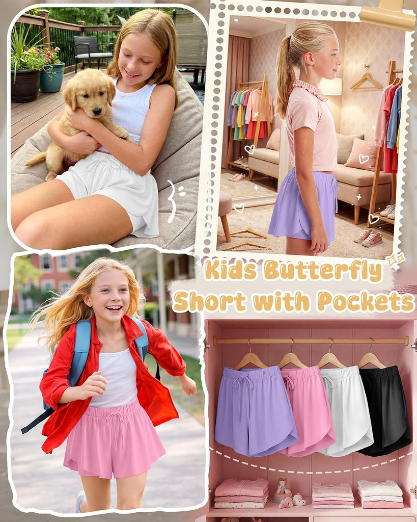 4 Pack Girls Athletic Butterfly Short Kids Flowy Skort