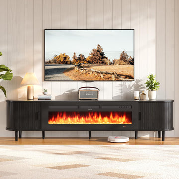 90" Mid Century Modern TV Stand with Fireplace, Fluted, Entertainment Center with Sliding Door, TV Console with