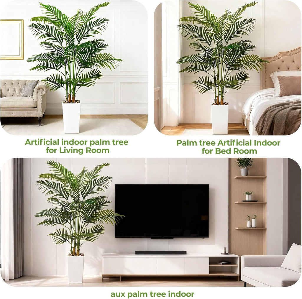 Artificial Palm Trees with Lifelike Natural Trunk, Leaves and Pebbles, 5FT Tall Fake Palm Tree with White Tall