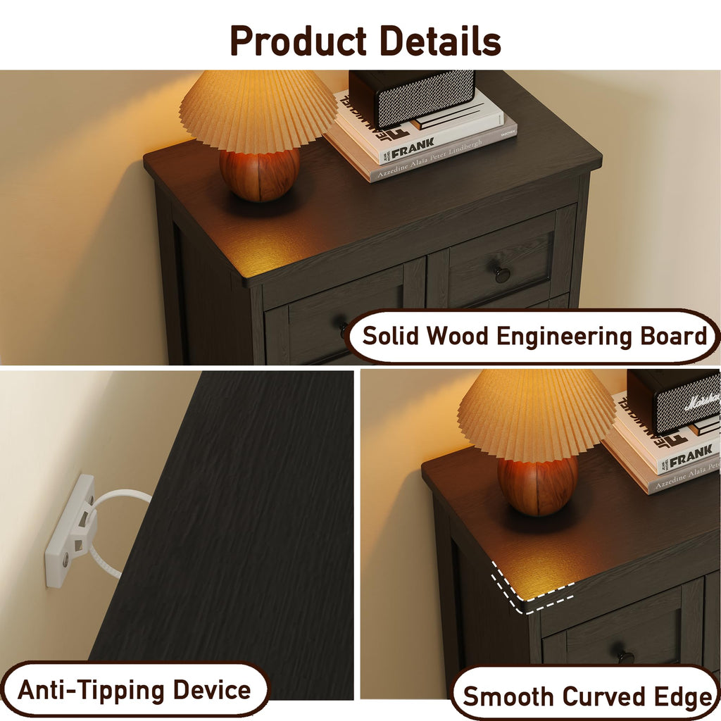 Tall 6 Drawer Dresser, Black Modern 43.3'' Tall Wood Chest of Drawers, Storage Organizer with Smooth Metal Rails &