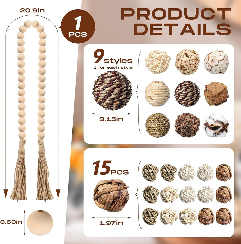3.15 and 1.97 Inch Decorative Balls, 20.9 Inch Garland Wood Beads Rattan Wicker Balls with Spheres Orbs Filler - Set of 25