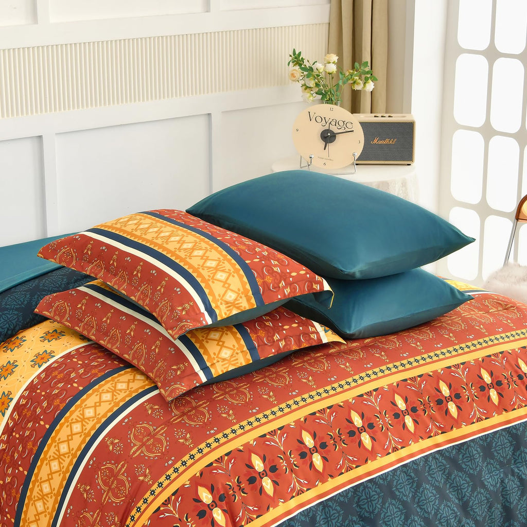 Boho Comforter Set Queen Size, Burnt Orange Fall Bedding
