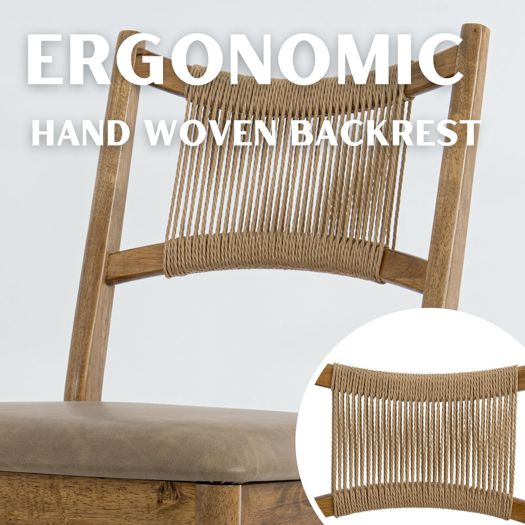 Wooden Dining Chairs Set of 4 PU Leather Upholstered Dining Room Chairs Kitchen Side Chair with Woven Seagrass Back