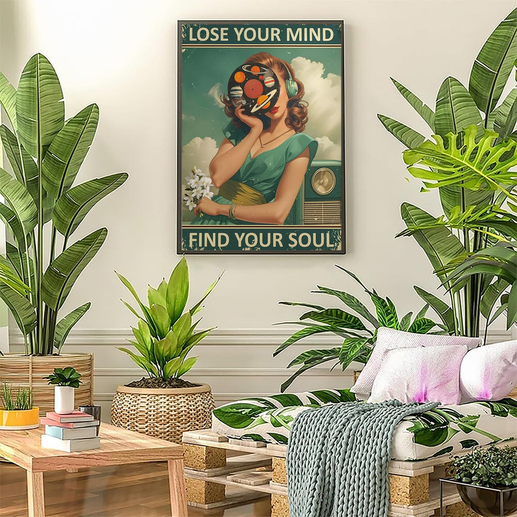 Vintage Lose Your Mind Find Your Soul Poster Mental Health Quote Canvas Wall Art Modern Mid-Century Abstract Girl