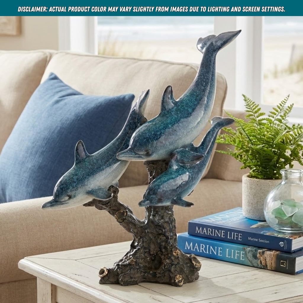 Dolphin Statue - Triple Dolphins Swimming Figurine Coastal Home Decor Tabletop Collection (Aqua)