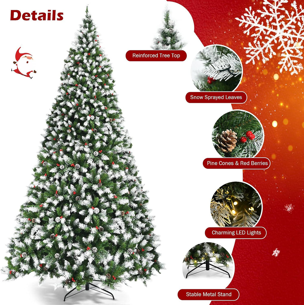 Pre-lit Artificial Christmas Tree, Hinged Snow Flocked Xmas Tree w/Pine Cones, Red Berries & 900 LED Lights, 8