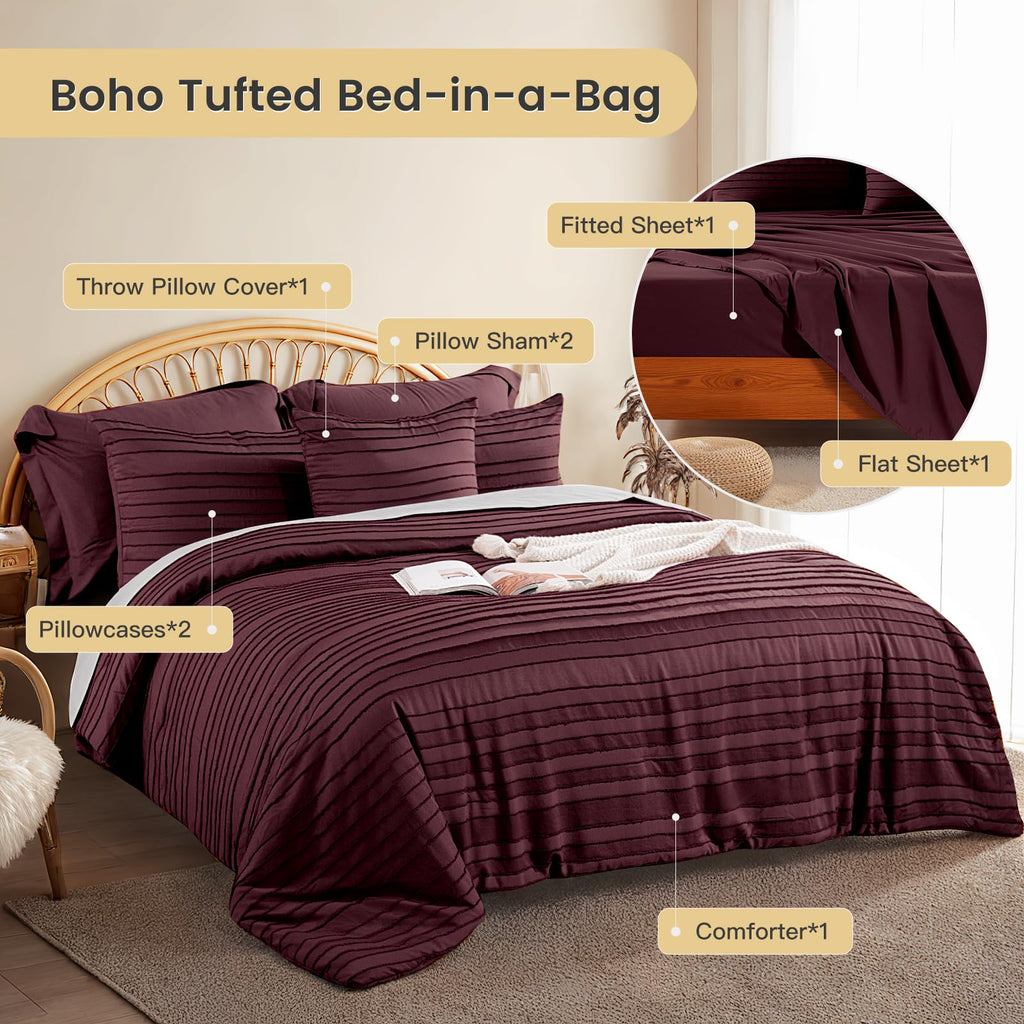 Tufted Boho Comforter Set Full, 8 Pieces Ultra Soft Brushed Microfiber All-in-One Bedding, Lightweight All Season