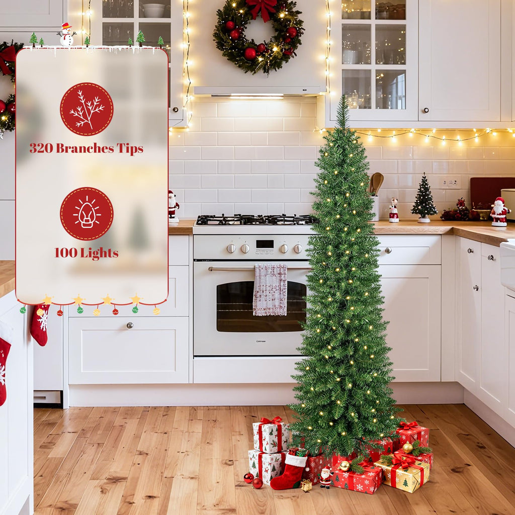 5FT Prelit Pencil Christmas Tree, Slim Christmas Tree