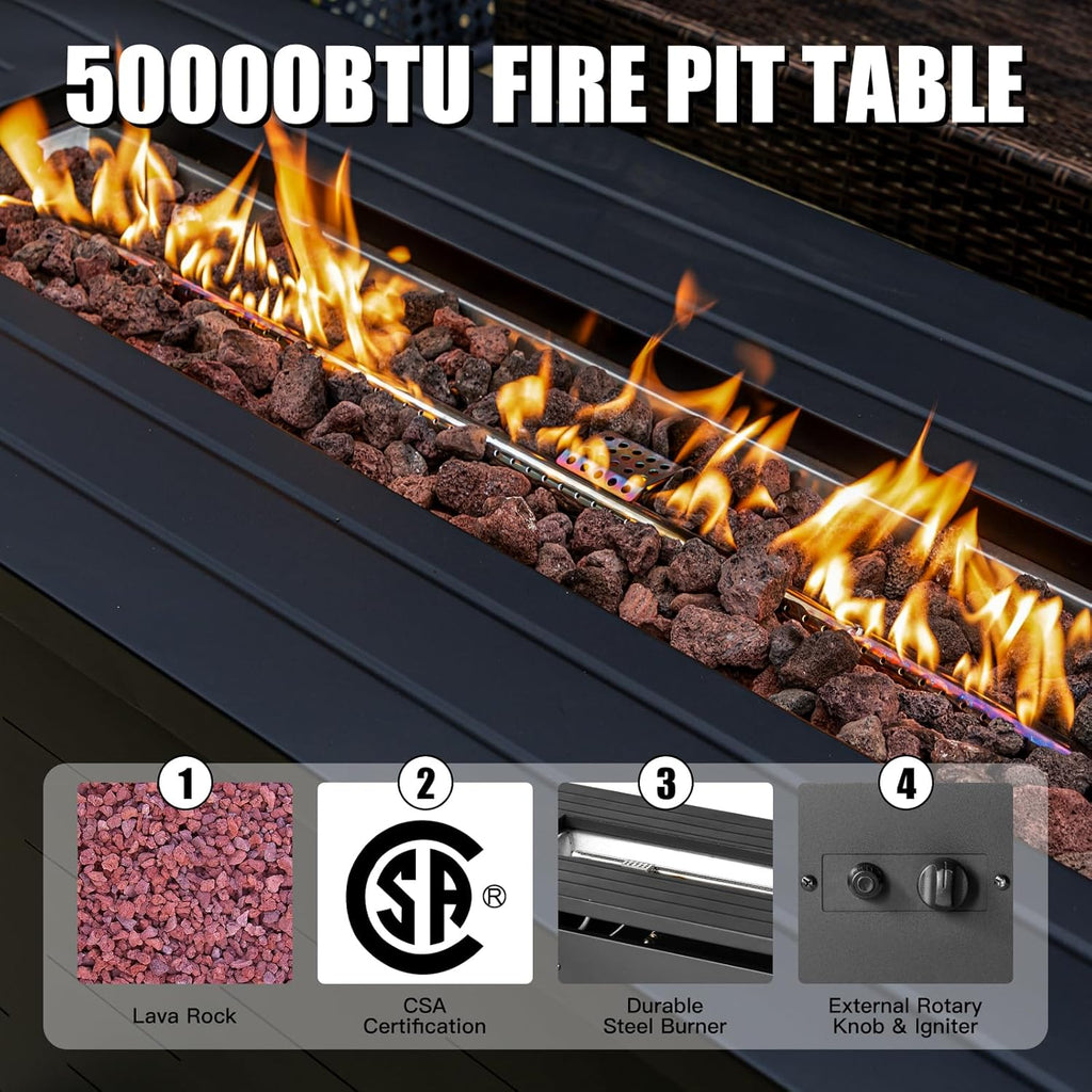 57 inch Propane Fire Pit Table,50000 BTU Gas Fire Pits Table with Lid & Lava Rock & Waterproof Cover