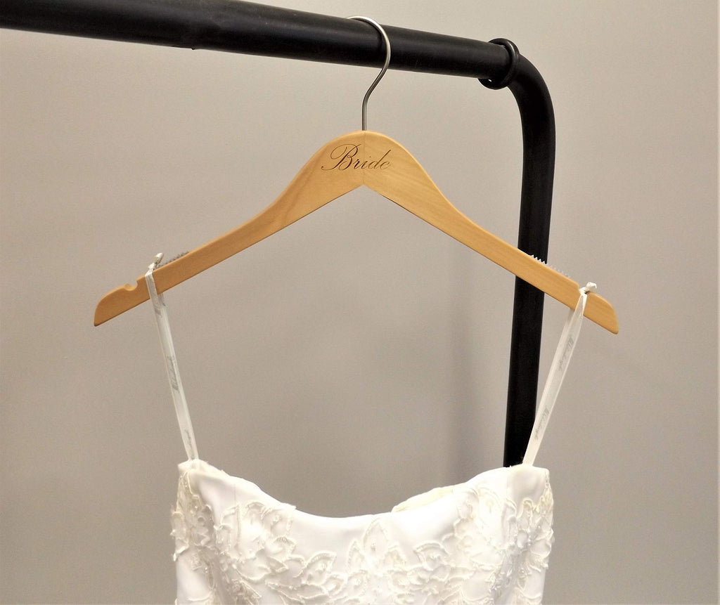 Bridal Hanger, Natural Wood Hanger Engraved with (Bride), 17" (1 Piece), Natural w/Engraved Print