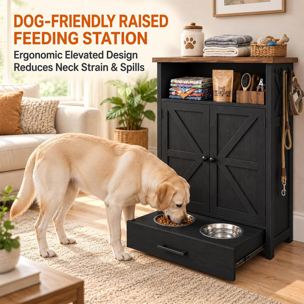 23.6-Inch Dog Feeding Station with Storage, Raised 2-Bowl Cabinet (Black)